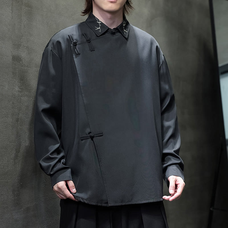 Camisa de manga larga para hombre con diseño de rana china, color puro y bordado con Buddha Stones y solapa. - image 8