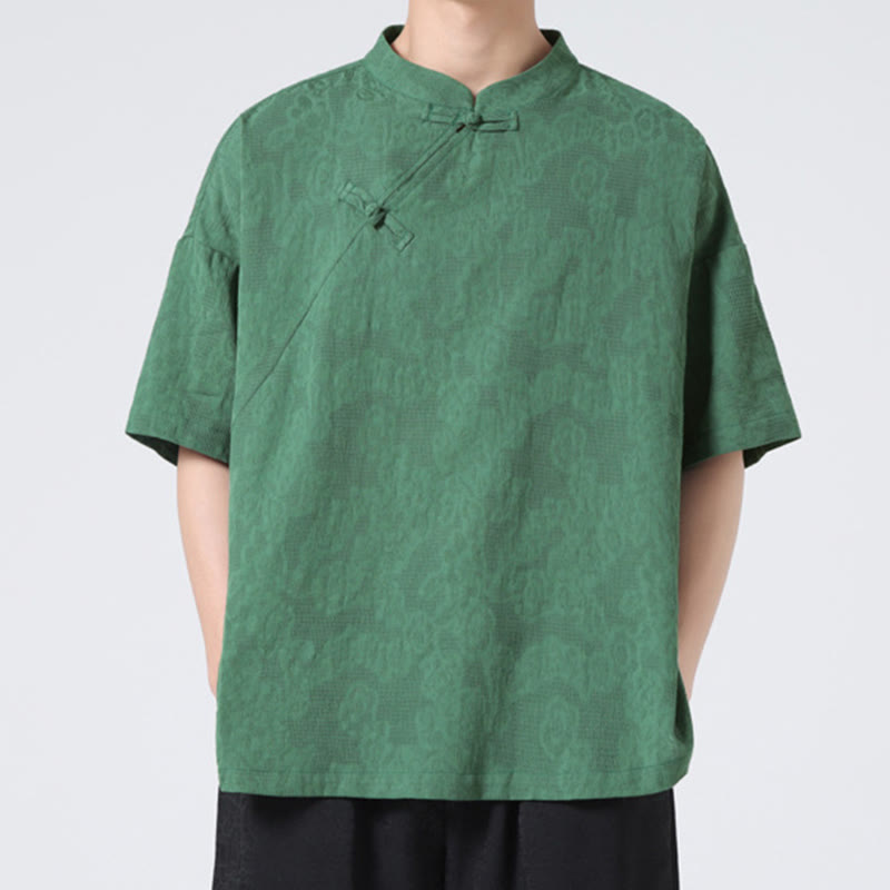 Camisa de lino y algodón de manga corta para hombre, diseño retro de Buddha Stones , de color puro - image 1