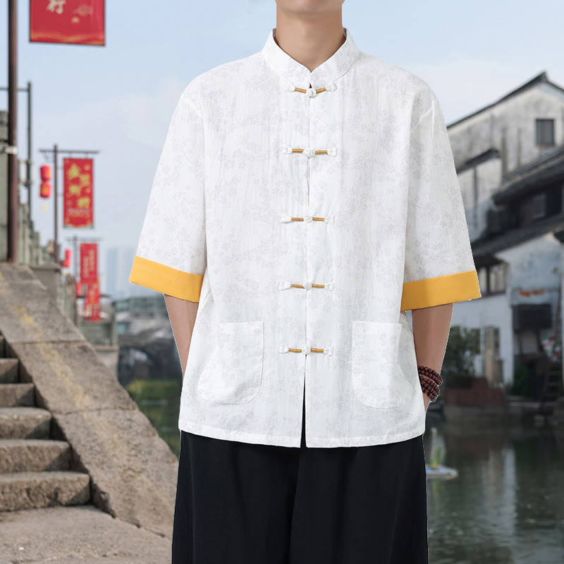 Camisa de algodón para hombre, de media manga y cuello alto, con estampado retro de flores y botones de rana, con bolsillos y estampado de piedras de Buddha Stones - Blanco - US/UK/AU46, EU56 (5XL) - image 8