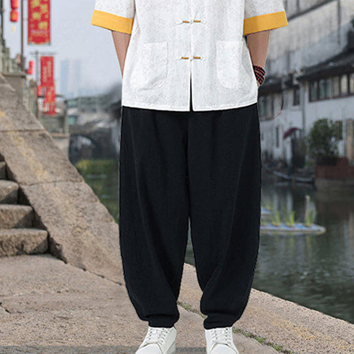 Camisa de algodón para hombre, de media manga y cuello alto, con estampado retro de flores y botones de rana, con bolsillos y estampado de piedras de Buddha Stones - image 11