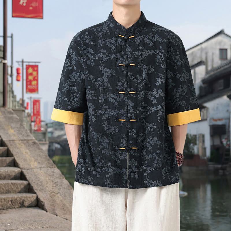 Camisa de algodón para hombre, de media manga y cuello alto, con estampado retro de flores y botones de rana, con bolsillos y estampado de piedras de Buddha Stones - image 3