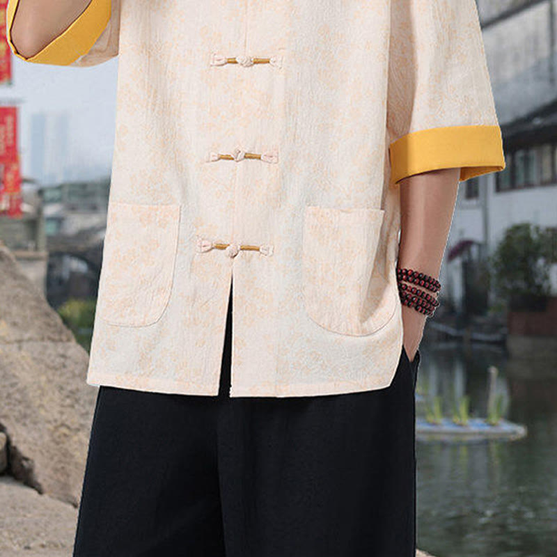 Camisa de algodón para hombre, de media manga y cuello alto, con estampado retro de flores y botones de rana, con bolsillos y estampado de piedras de Buddha Stones - image 17