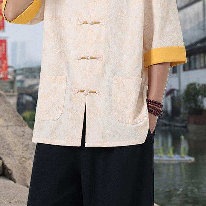 Camisa de algodón para hombre, de media manga y cuello alto, con estampado retro de flores y botones de rana, con bolsillos y estampado de piedras de Buddha Stones - image 17