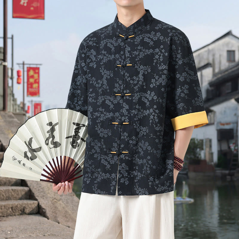 Camisa de algodón para hombre, de media manga y cuello alto, con estampado retro de flores y botones de rana, con bolsillos y estampado de piedras de Buddha Stones - image 2