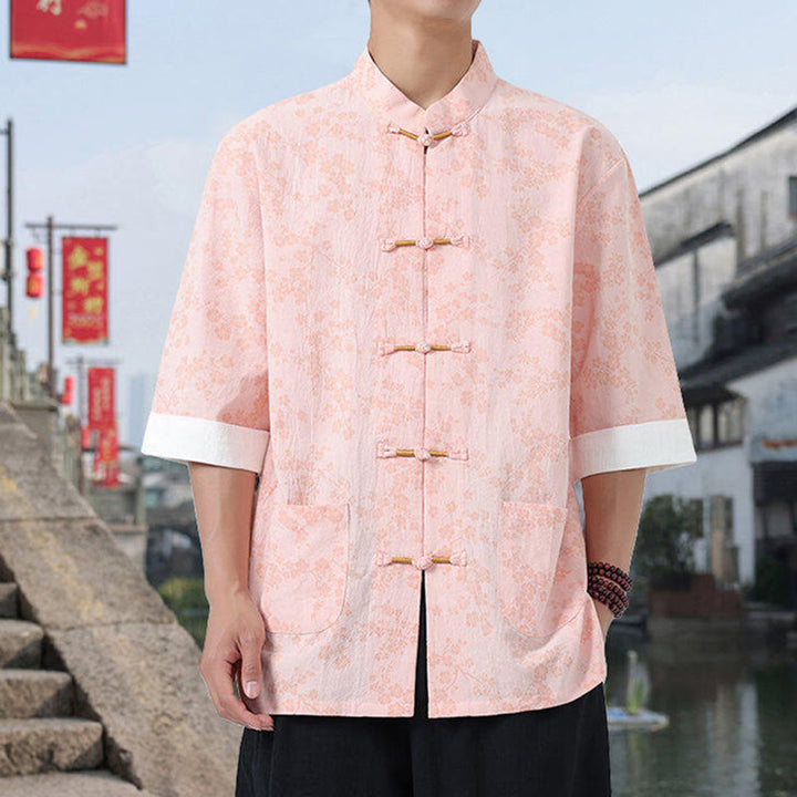 Camisa de algodón para hombre, de media manga y cuello alto, con estampado retro de flores y botones de rana, con bolsillos y estampado de piedras de Buddha Stones - Rosa - US/UK/AU46, EU56 (5XL) - image 11
