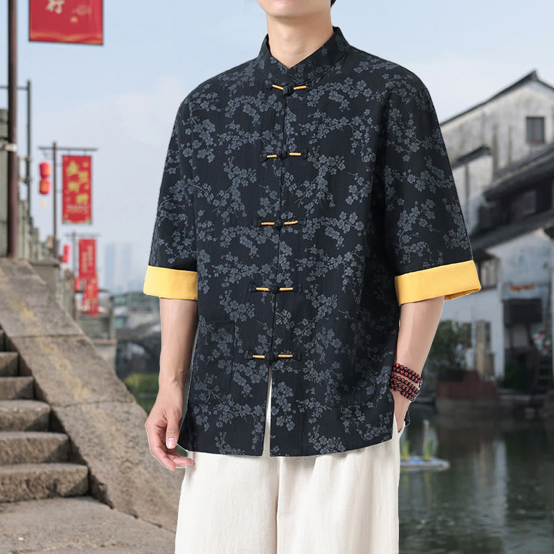 Camisa de algodón para hombre, de media manga y cuello alto, con estampado retro de flores y botones de rana, con bolsillos y estampado de piedras de Buddha Stones - Negro - US/UK/AU46, EU56 (5XL) - image 1