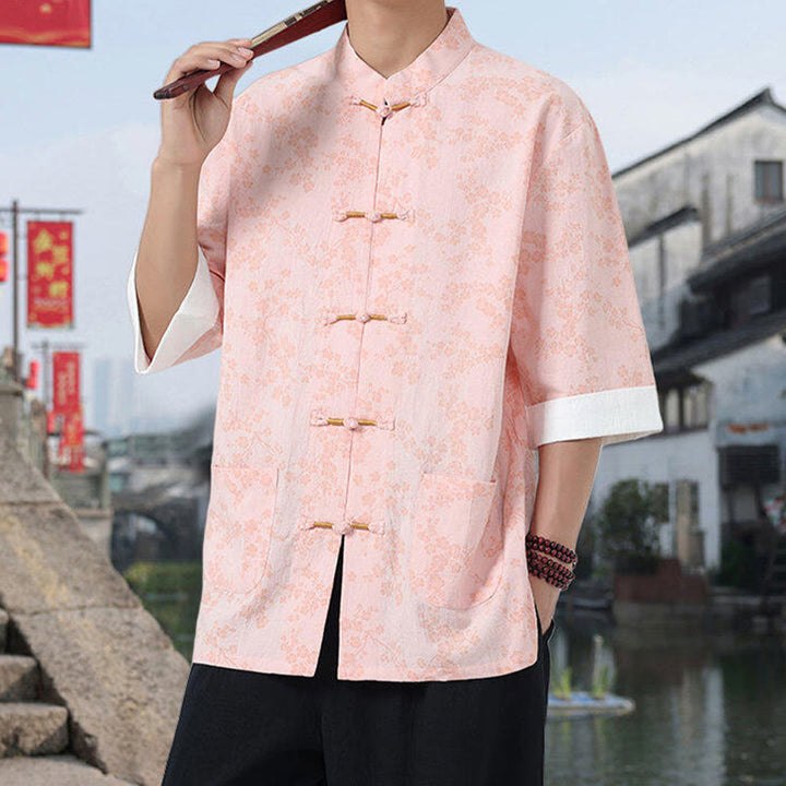Camisa de algodón para hombre, de media manga y cuello alto, con estampado retro de flores y botones de rana, con bolsillos y estampado de piedras de Buddha Stones - image 12