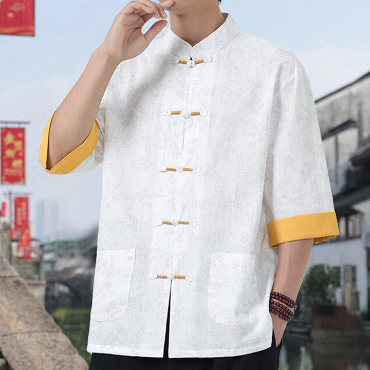 Camisa de algodón para hombre, de media manga y cuello alto, con estampado retro de flores y botones de rana, con bolsillos y estampado de piedras de Buddha Stones - image 9