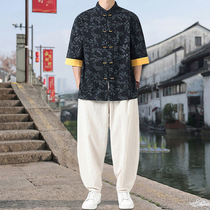 Camisa de algodón para hombre, de media manga y cuello alto, con estampado retro de flores y botones de rana, con bolsillos y estampado de piedras de Buddha Stones - image 7