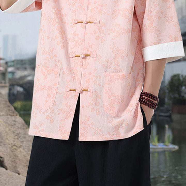 Camisa de algodón para hombre, de media manga y cuello alto, con estampado retro de flores y botones de rana, con bolsillos y estampado de piedras de Buddha Stones - image 14