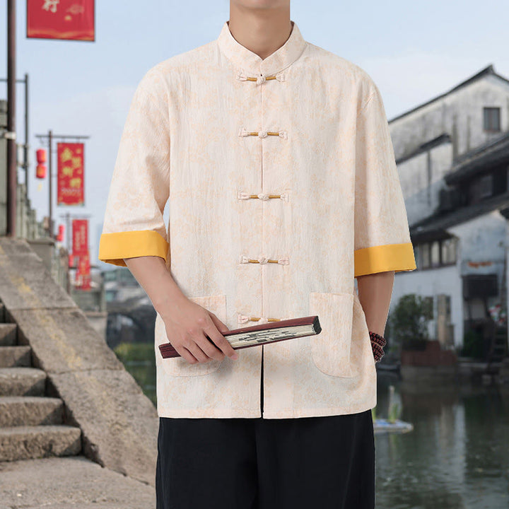 Camisa de algodón para hombre, de media manga y cuello alto, con estampado retro de flores y botones de rana, con bolsillos y estampado de piedras de Buddha Stones - PapayaWhip - US/UK/AU46, EU56 (5XL) - image 15