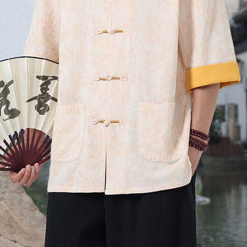 Camisa de algodón para hombre, de media manga y cuello alto, con estampado retro de flores y botones de rana, con bolsillos y estampado de piedras de Buddha Stones - image 16