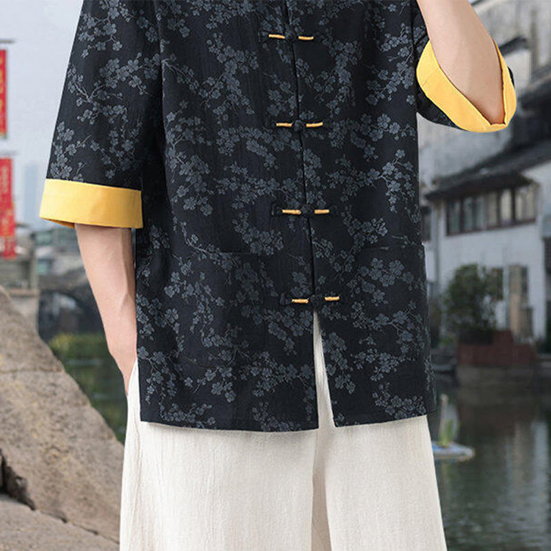 Camisa de algodón para hombre, de media manga y cuello alto, con estampado retro de flores y botones de rana, con bolsillos y estampado de piedras de Buddha Stones - image 4