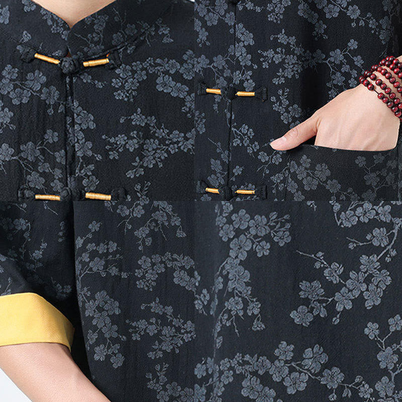 Camisa de algodón para hombre, de media manga y cuello alto, con estampado retro de flores y botones de rana, con bolsillos y estampado de piedras de Buddha Stones - image 5