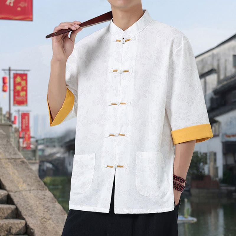 Camisa de algodón para hombre, de media manga y cuello alto, con estampado retro de flores y botones de rana, con bolsillos y estampado de piedras de Buddha Stones - image 9