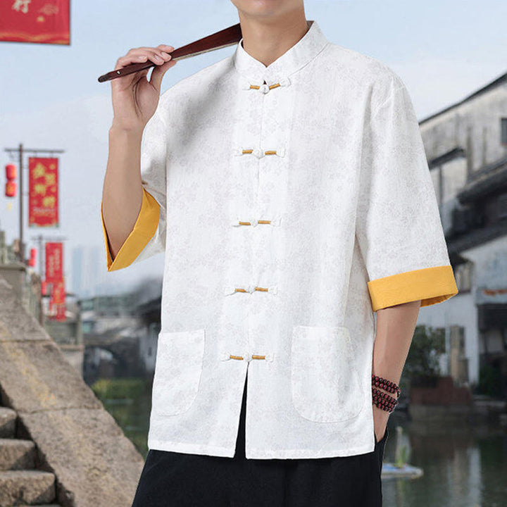 Camisa de algodón para hombre, de media manga y cuello alto, con estampado retro de flores y botones de rana, con bolsillos y estampado de piedras de Buddha Stones - image 9