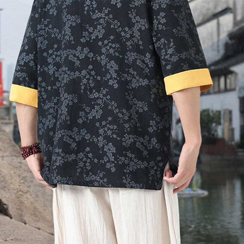 Camisa de algodón para hombre, de media manga y cuello alto, con estampado retro de flores y botones de rana, con bolsillos y estampado de piedras de Buddha Stones - image 5