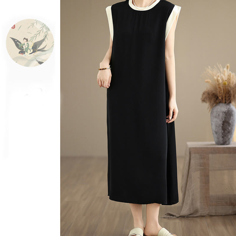 Vestido midi de algodón sin mangas con diseño de aberturas y bolsillos en color puro con Buddha Stones - image 4