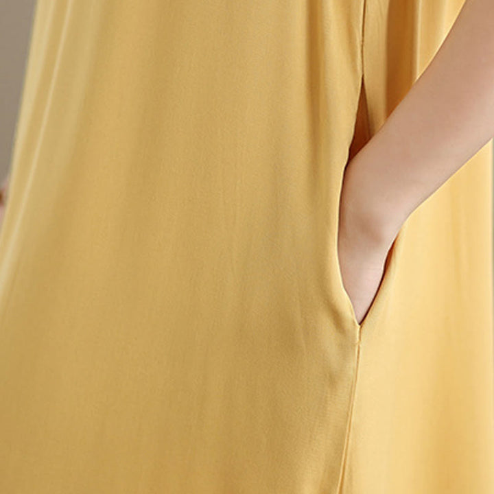 Vestido midi de algodón sin mangas con diseño de aberturas y bolsillos en color puro con Buddha Stones - image 34