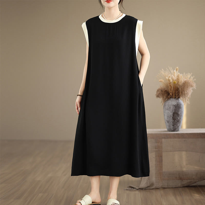 Vestido midi de algodón sin mangas con diseño de aberturas y bolsillos en color puro con Buddha Stones - Negro - US12, UK/AU16, EU44 (2XL) - image 1