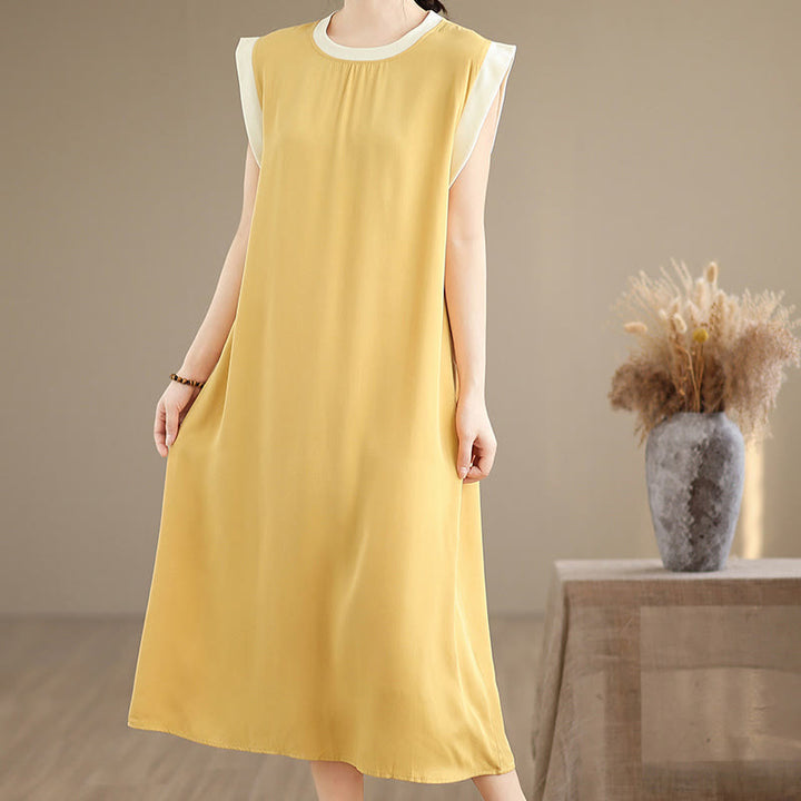Vestido midi de algodón sin mangas con diseño de aberturas y bolsillos en color puro con Buddha Stones - image 29