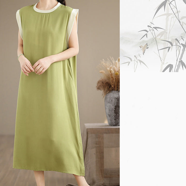 Vestido midi de algodón sin mangas con diseño de aberturas y bolsillos en color puro con Buddha Stones - image 19