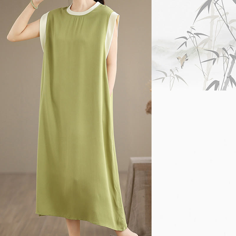 Vestido midi de algodón sin mangas con diseño de aberturas y bolsillos en color puro con Buddha Stones - image 17