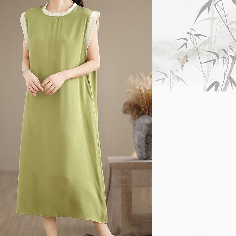 Vestido midi de algodón sin mangas con diseño de aberturas y bolsillos en color puro con Buddha Stones - image 18