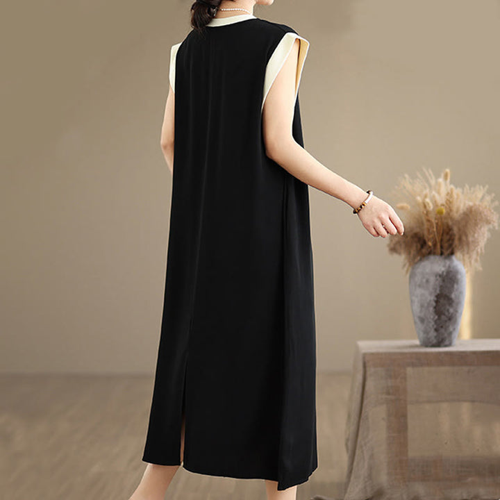 Vestido midi de algodón sin mangas con diseño de aberturas y bolsillos en color puro con Buddha Stones - image 3