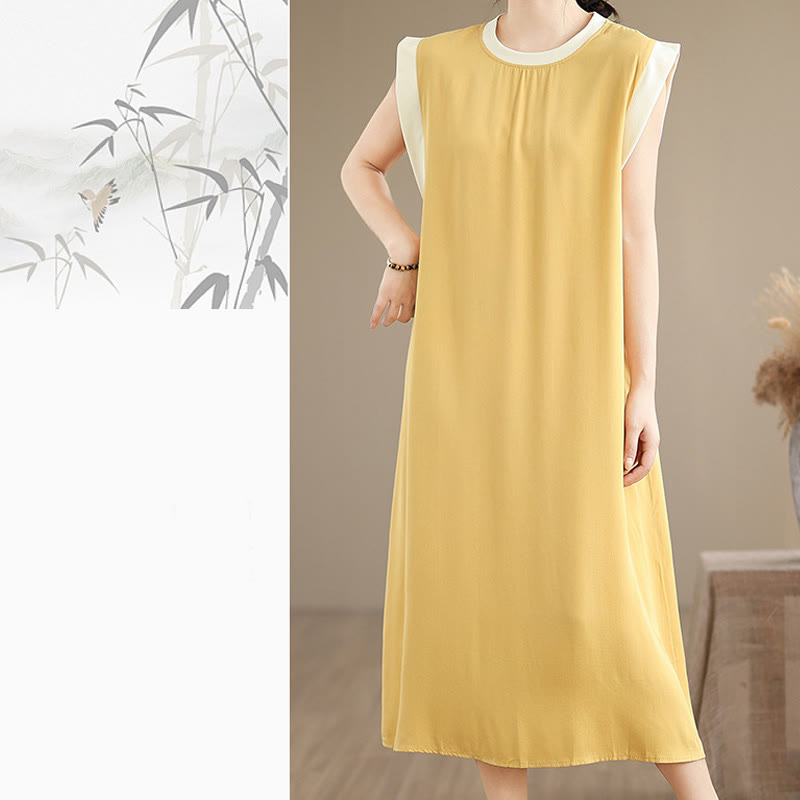 Vestido midi de algodón sin mangas con diseño de aberturas y bolsillos en color puro con Buddha Stones - image 35