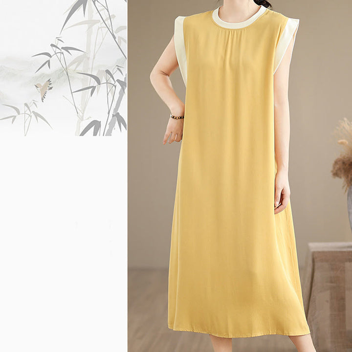 Vestido midi de algodón sin mangas con diseño de aberturas y bolsillos en color puro con Buddha Stones - image 35