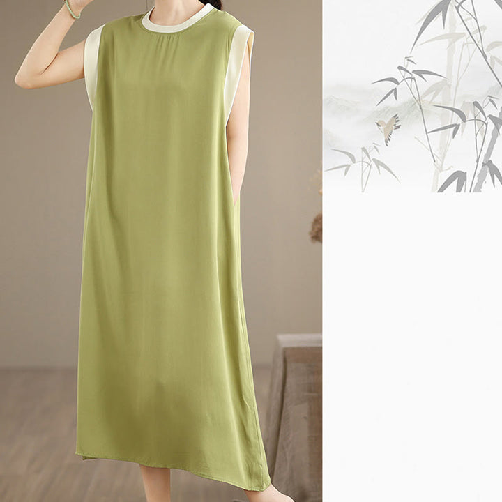 Vestido midi de algodón sin mangas con diseño de aberturas y bolsillos en color puro con Buddha Stones - image 18