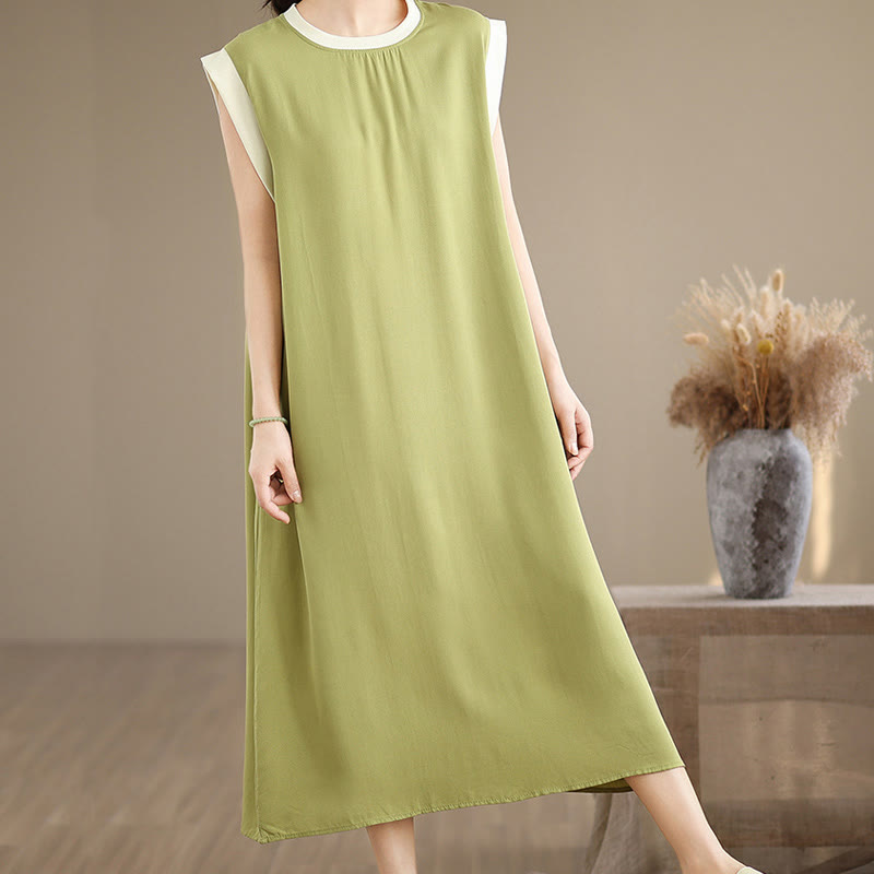 Vestido midi de algodón sin mangas con diseño de aberturas y bolsillos en color puro con Buddha Stones - image 13