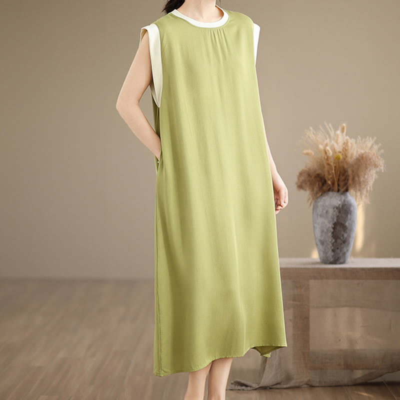 Vestido midi de algodón sin mangas con diseño de aberturas y bolsillos en color puro con Buddha Stones - image 9