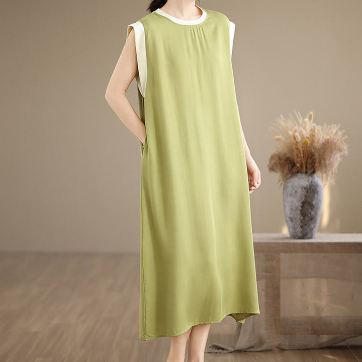 Vestido midi de algodón sin mangas con diseño de aberturas y bolsillos en color puro con Buddha Stones - image 9
