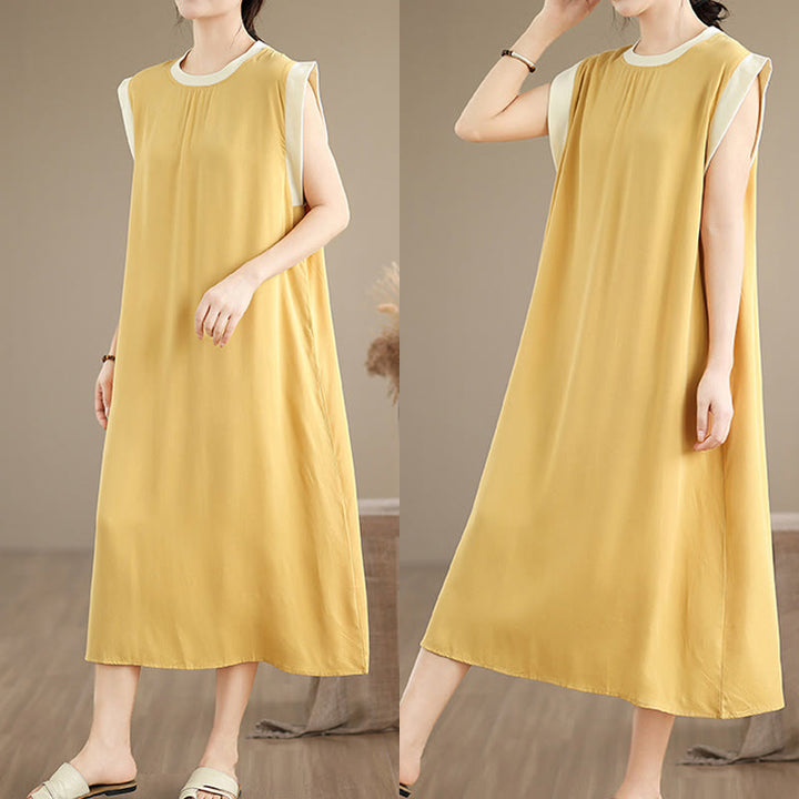 Vestido midi de algodón sin mangas con diseño de aberturas y bolsillos en color puro con Buddha Stones - image 31