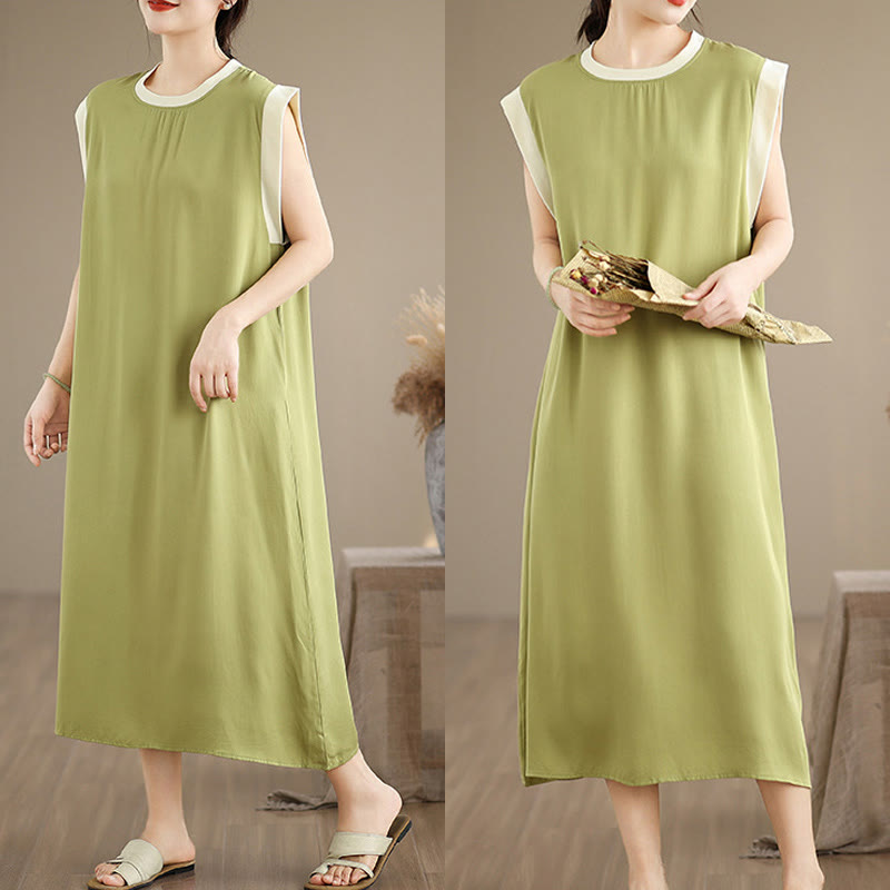 Vestido midi de algodón sin mangas con diseño de aberturas y bolsillos en color puro con Buddha Stones - image 15