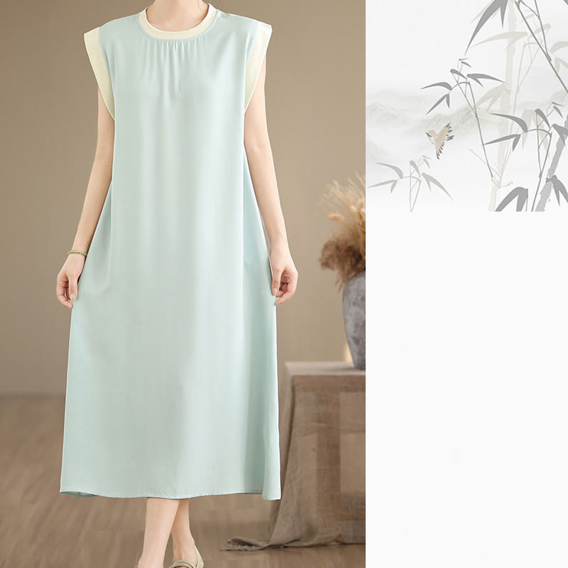 Vestido midi de algodón sin mangas con diseño de aberturas y bolsillos en color puro con Buddha Stones - image 26