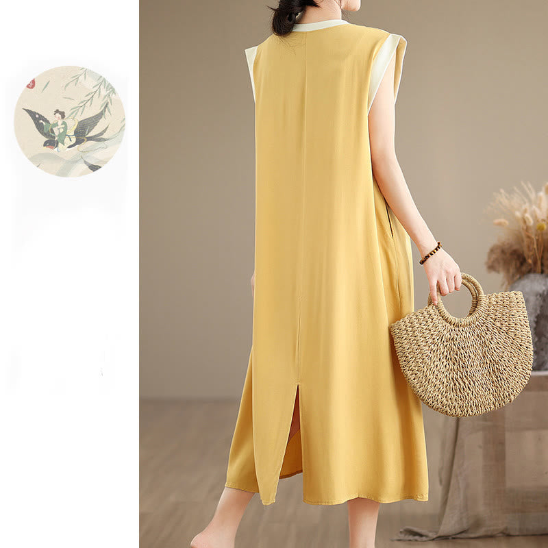 Vestido midi de algodón sin mangas con diseño de aberturas y bolsillos en color puro con Buddha Stones - image 37