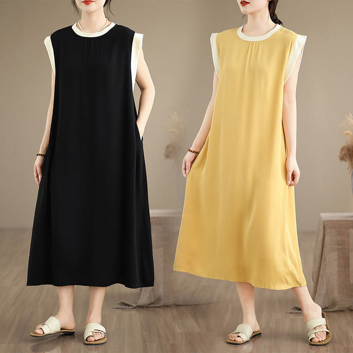 Vestido midi de algodón sin mangas con diseño de aberturas y bolsillos en color puro con Buddha Stones - image 38