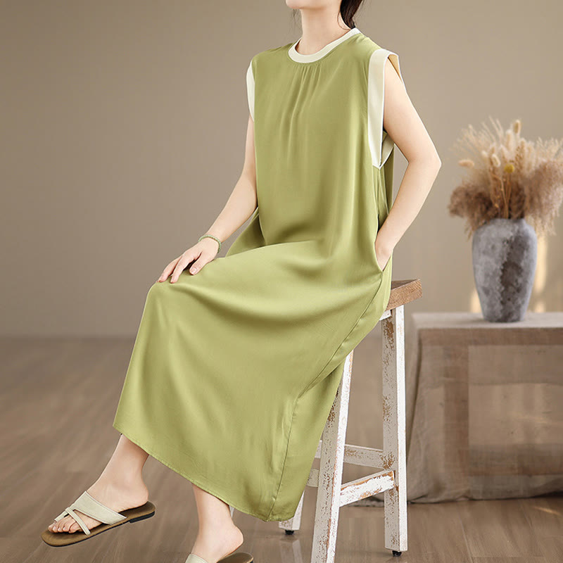 Vestido midi de algodón sin mangas con diseño de aberturas y bolsillos en color puro con Buddha Stones - image 15