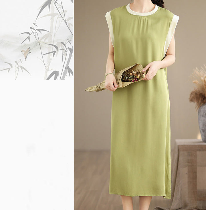 Vestido midi de algodón sin mangas con diseño de aberturas y bolsillos en color puro con Buddha Stones - image 17