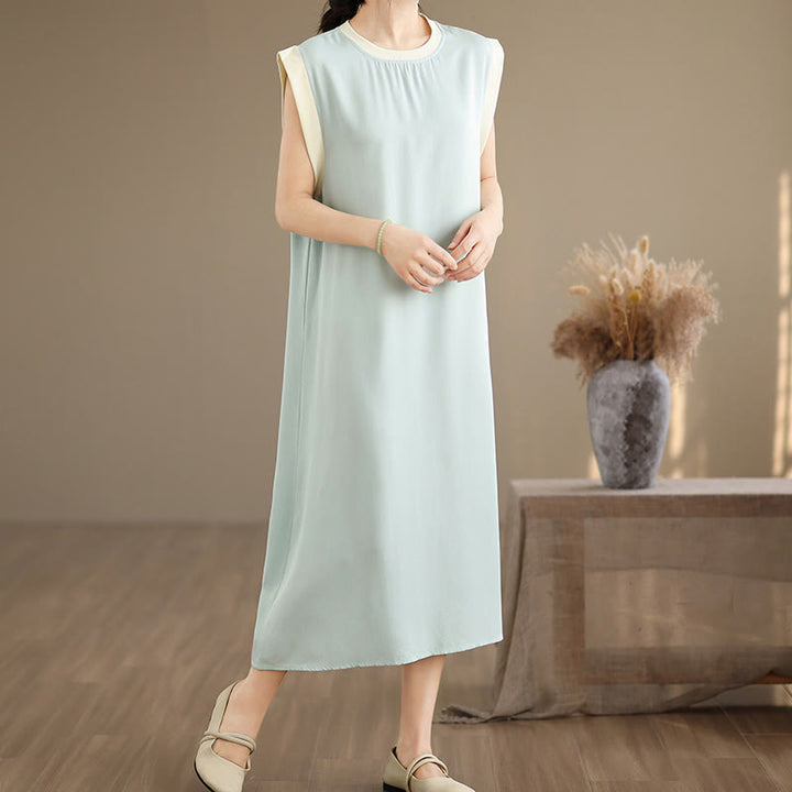 Vestido midi de algodón sin mangas con diseño de aberturas y bolsillos en color puro con Buddha Stones - image 22