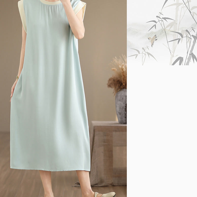 Vestido midi de algodón sin mangas con diseño de aberturas y bolsillos en color puro con Buddha Stones - image 27