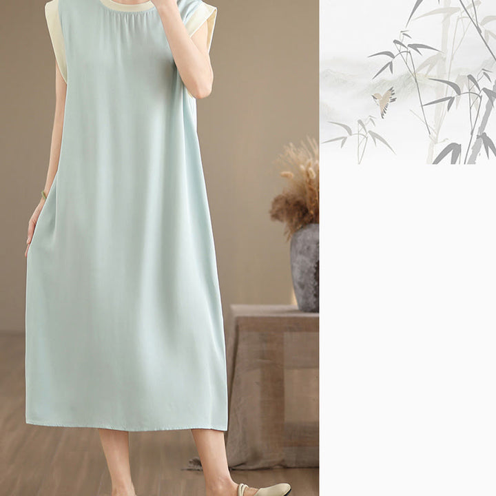 Vestido midi de algodón sin mangas con diseño de aberturas y bolsillos en color puro con Buddha Stones - image 27