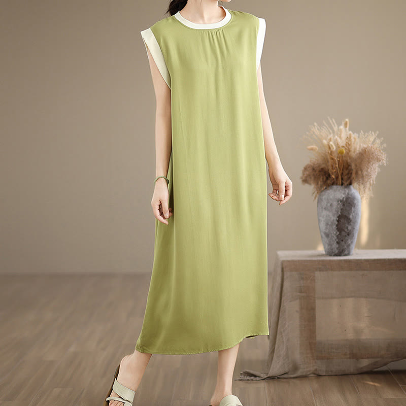 Vestido midi de algodón sin mangas con diseño de aberturas y bolsillos en color puro con Buddha Stones - image 11
