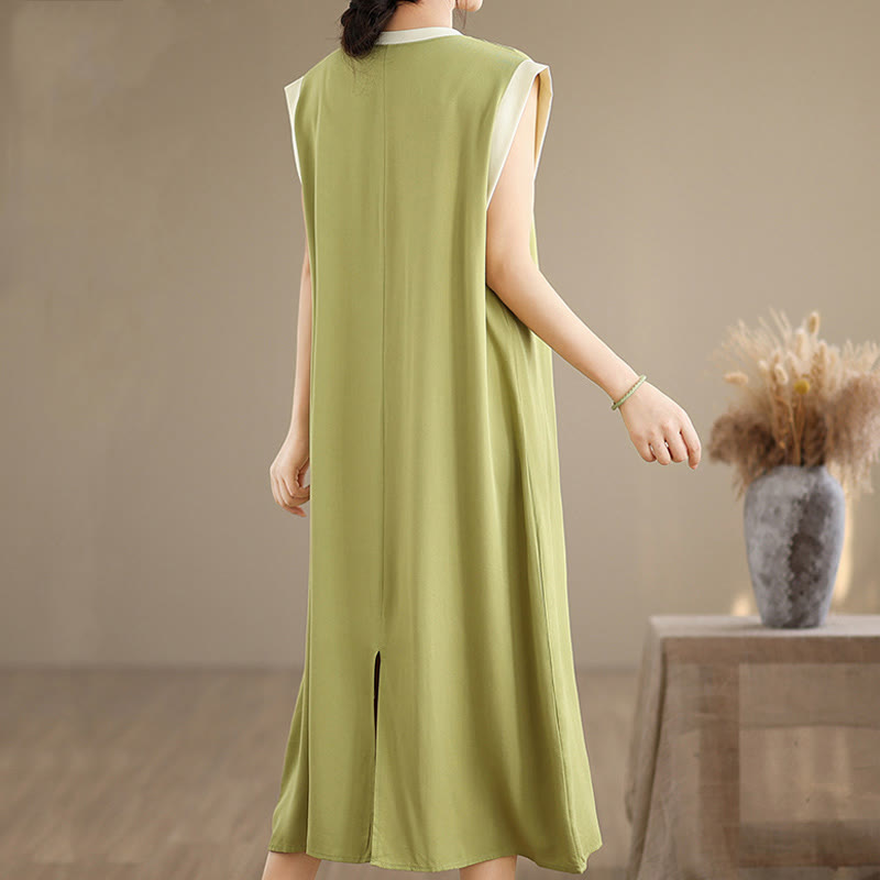 Vestido midi de algodón sin mangas con diseño de aberturas y bolsillos en color puro con Buddha Stones - image 11