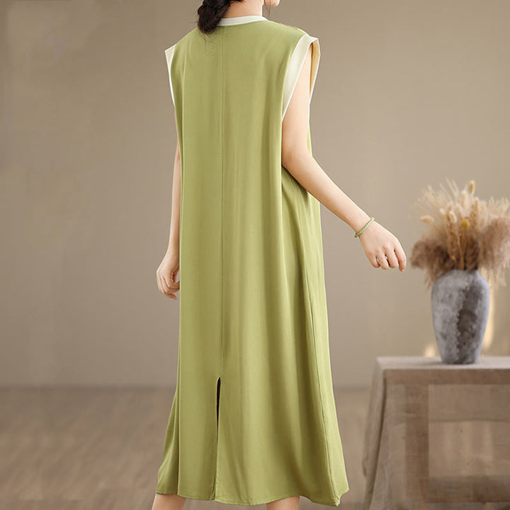 Vestido midi de algodón sin mangas con diseño de aberturas y bolsillos en color puro con Buddha Stones - image 11