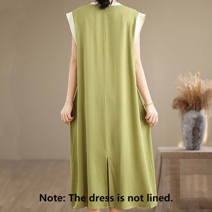 Vestido midi de algodón sin mangas con diseño de aberturas y bolsillos en color puro con Buddha Stones - image 8