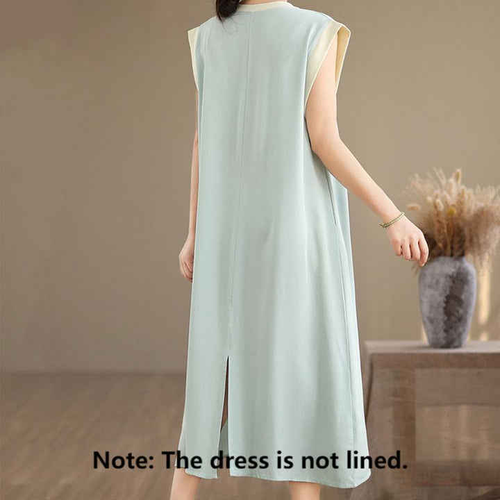 Vestido midi de algodón sin mangas con diseño de aberturas y bolsillos en color puro con Buddha Stones - image 21